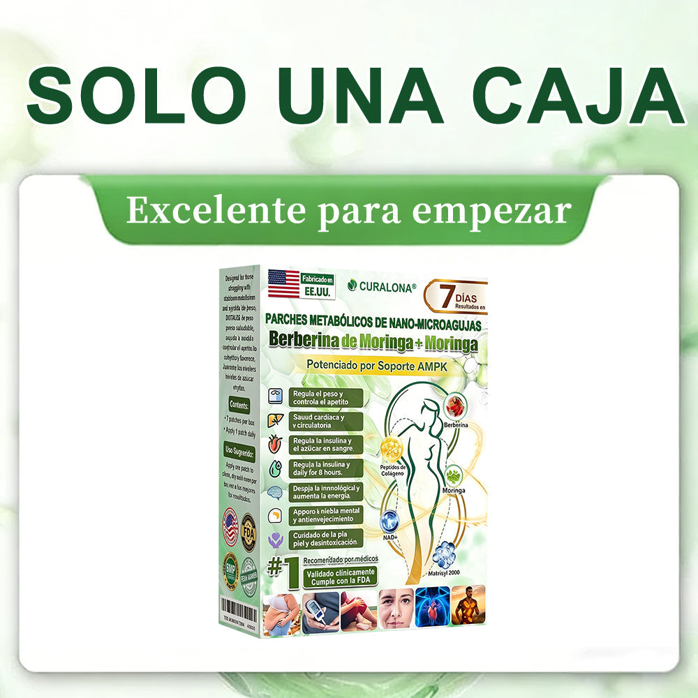 CURALONA® Parche Metabólico Nano de Microagujas ✈️ Solo 1 vez al día — cambios visibles en 7 días Fórmula con Berberina + Moringa ✅ Para grasa acumulada, piel flácida, niveles altos de azúcar, apnea del sueño, molestias en las articulaciones y más 💥