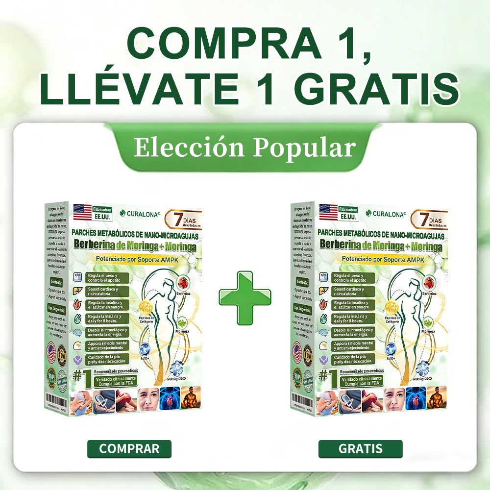 CURALONA® Parche Metabólico Nano de Microagujas ✈️ Solo 1 vez al día — cambios visibles en 7 días Fórmula con Berberina + Moringa ✅ Para grasa acumulada, piel flácida, niveles altos de azúcar, apnea del sueño, molestias en las articulaciones y más 💥