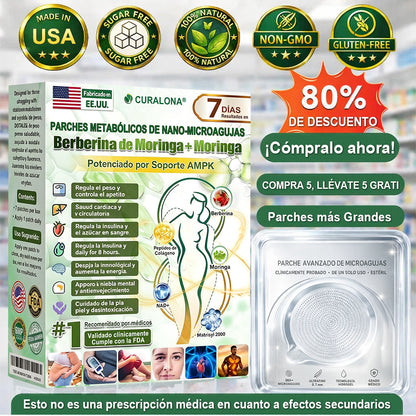 CURALONA® Parche Metabólico Nano de Microagujas ✈️ Solo 1 vez al día — cambios visibles en 7 días Fórmula con Berberina + Moringa ✅ Para grasa acumulada, piel flácida, niveles altos de azúcar, apnea del sueño, molestias en las articulaciones y más 💥